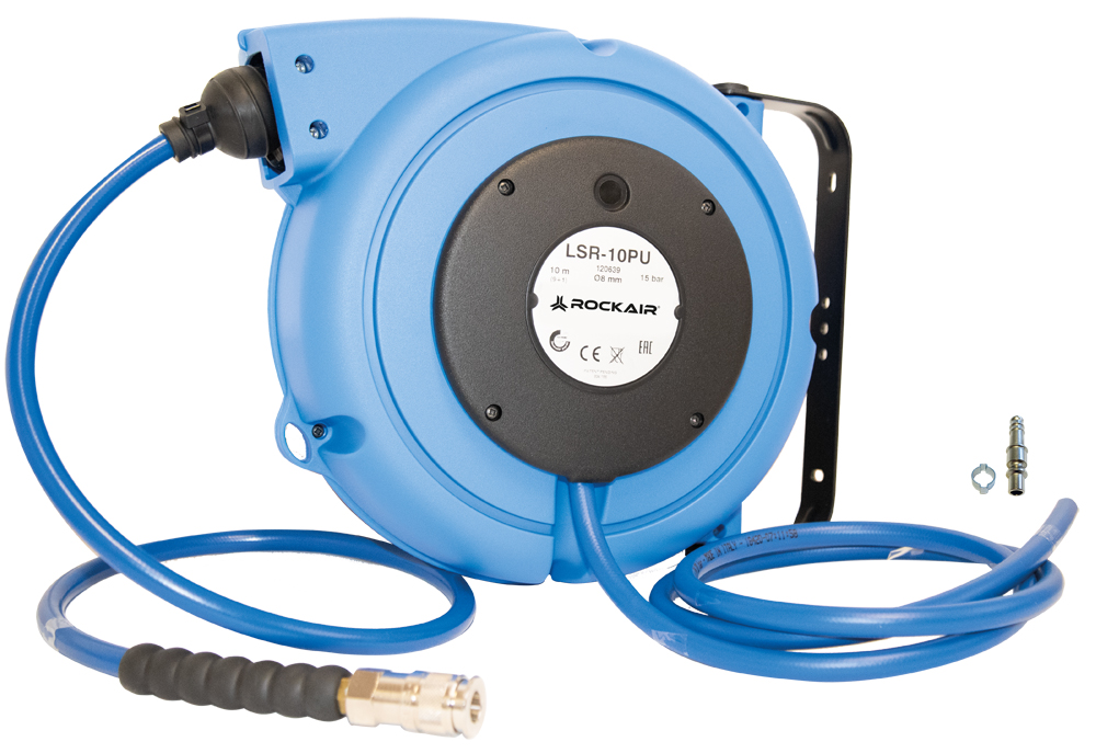 Druckluft-Schlauchaufroller Kunststoff Rockair LSR-10PUK, mit montierter Schnellkupplung und Stecknippel