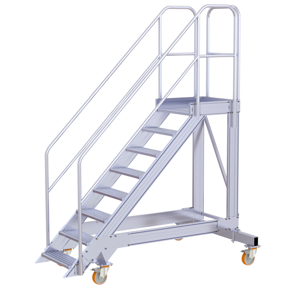 Podesttreppe mit gebremsten Rollen, Neigung: 45° Podesttreppe mit gebremsten Rollen, Neigung: 45°