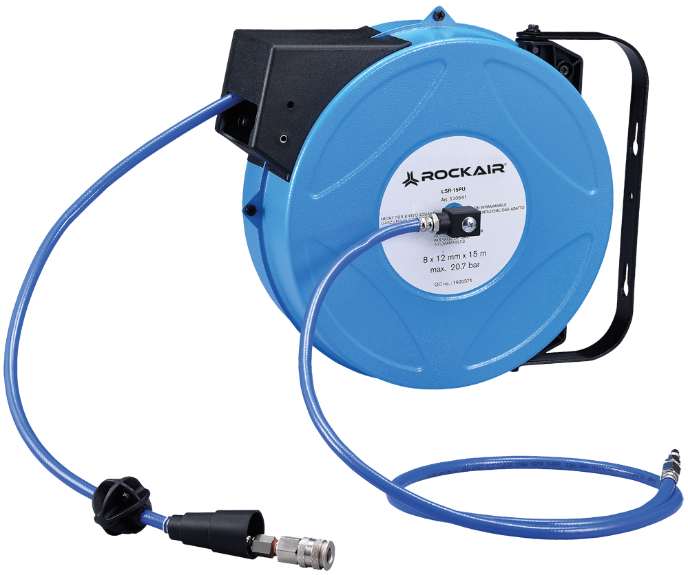 Druckluft-Schlauchaufroller Rockair LSR-15PU, mit montierter Schnellkupplung und Stecknippel