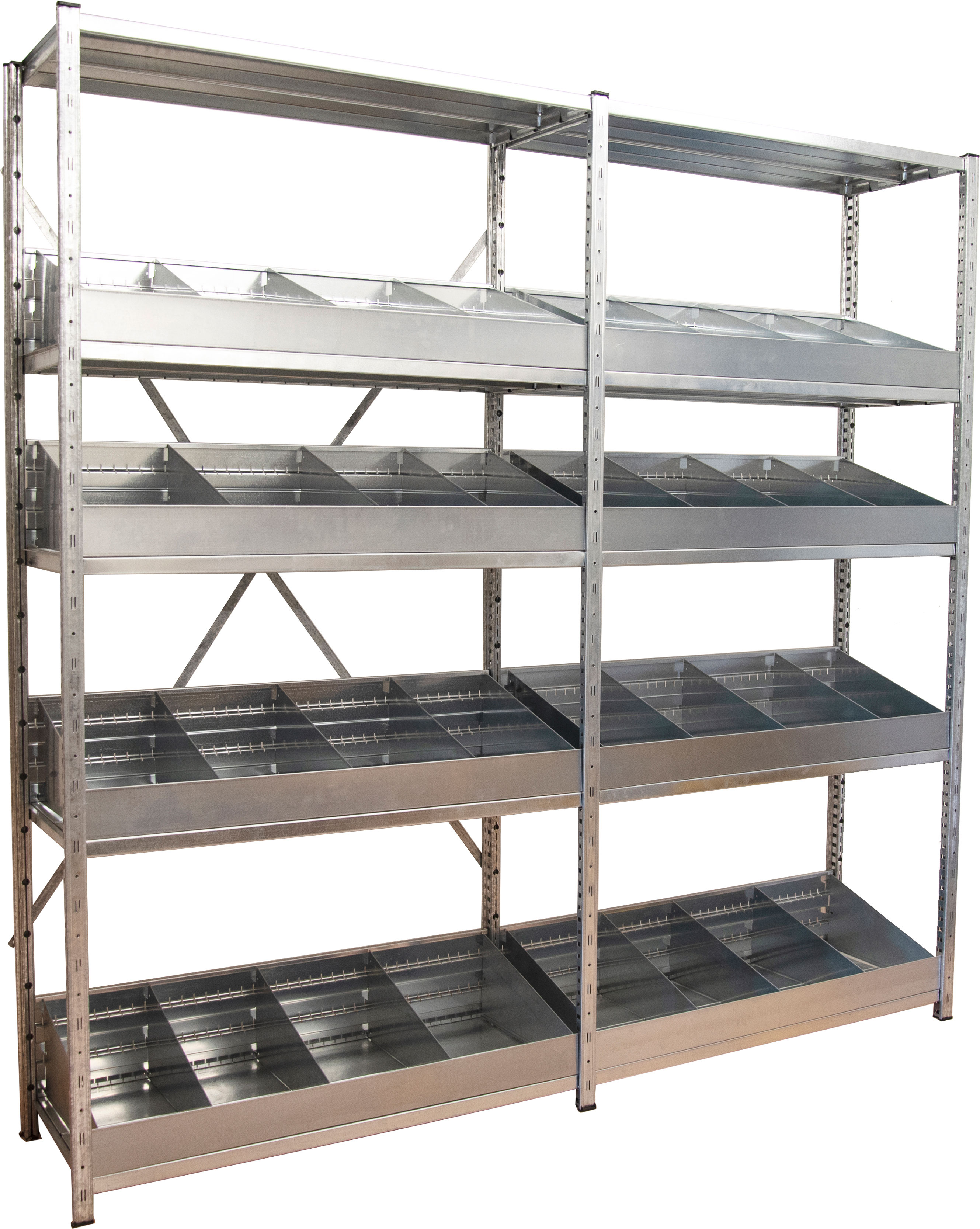 Aktionsregal 2000x400x2000 mm, verzinkt, mit 10 Fachböden, 8 Lagerwannen mit je 5 Trennblechen Aktionsregal 2000x400x2000 mm, verzinkt, mit 10 Fachböden, 8 Lagerwannen mit je 5 Trennblechen