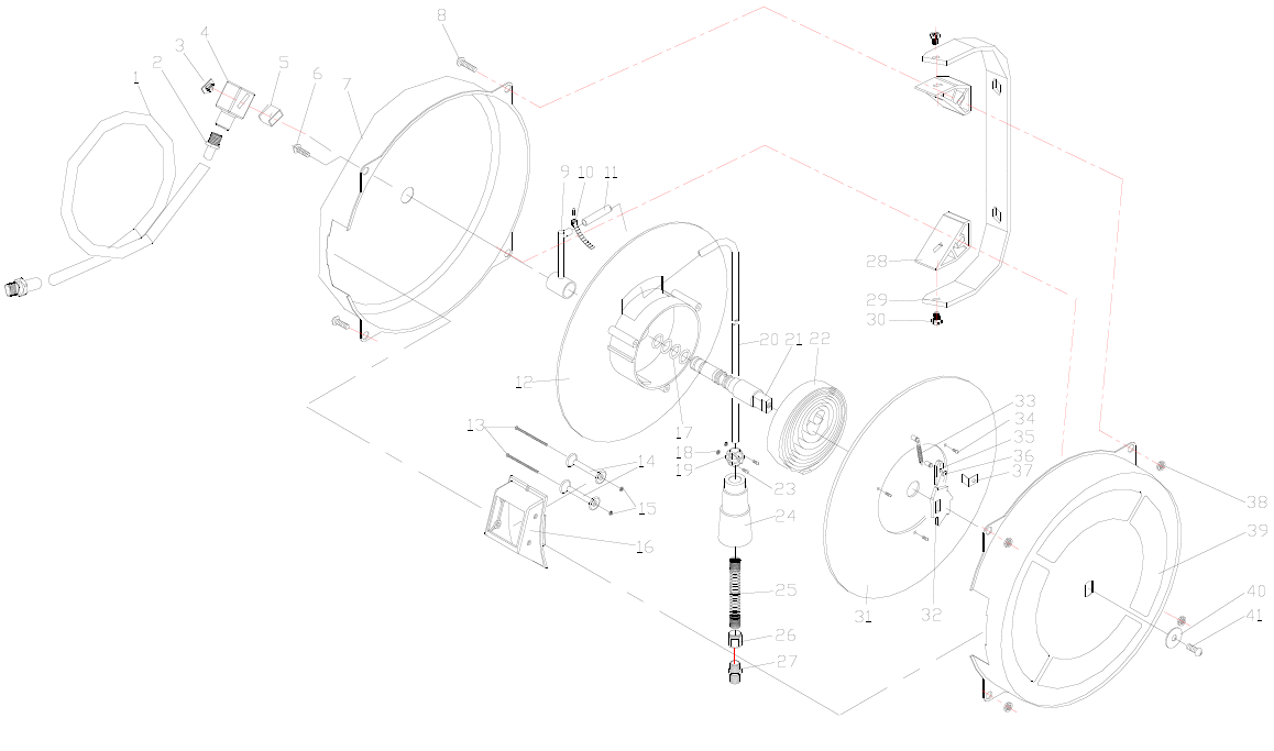 Druckluft-Schlauchaufroller Rockair LSR-15PU, mit montierter Schnellkupplung und Stecknippel