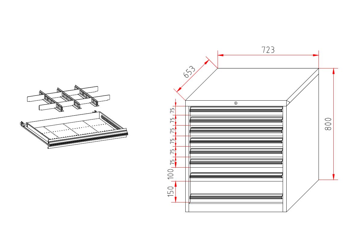 Schubladenschrank 800x723x653 mm, mit 8 Schubladen, je 100 kg Tragkraft Schubladenschrank 800x723x653 mm, mit 8 Schubladen, je 100 kg Tragkraft