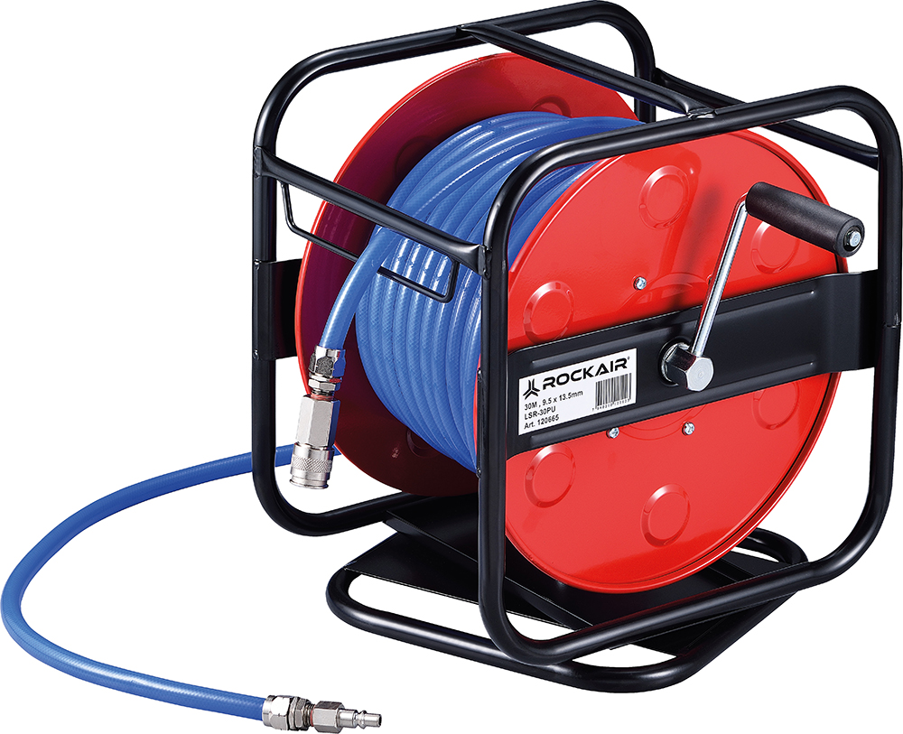 Druckluft-Schlauchaufroller Rockair LSR-30PU, mit montierter Schnellkupplung und Stecknippel