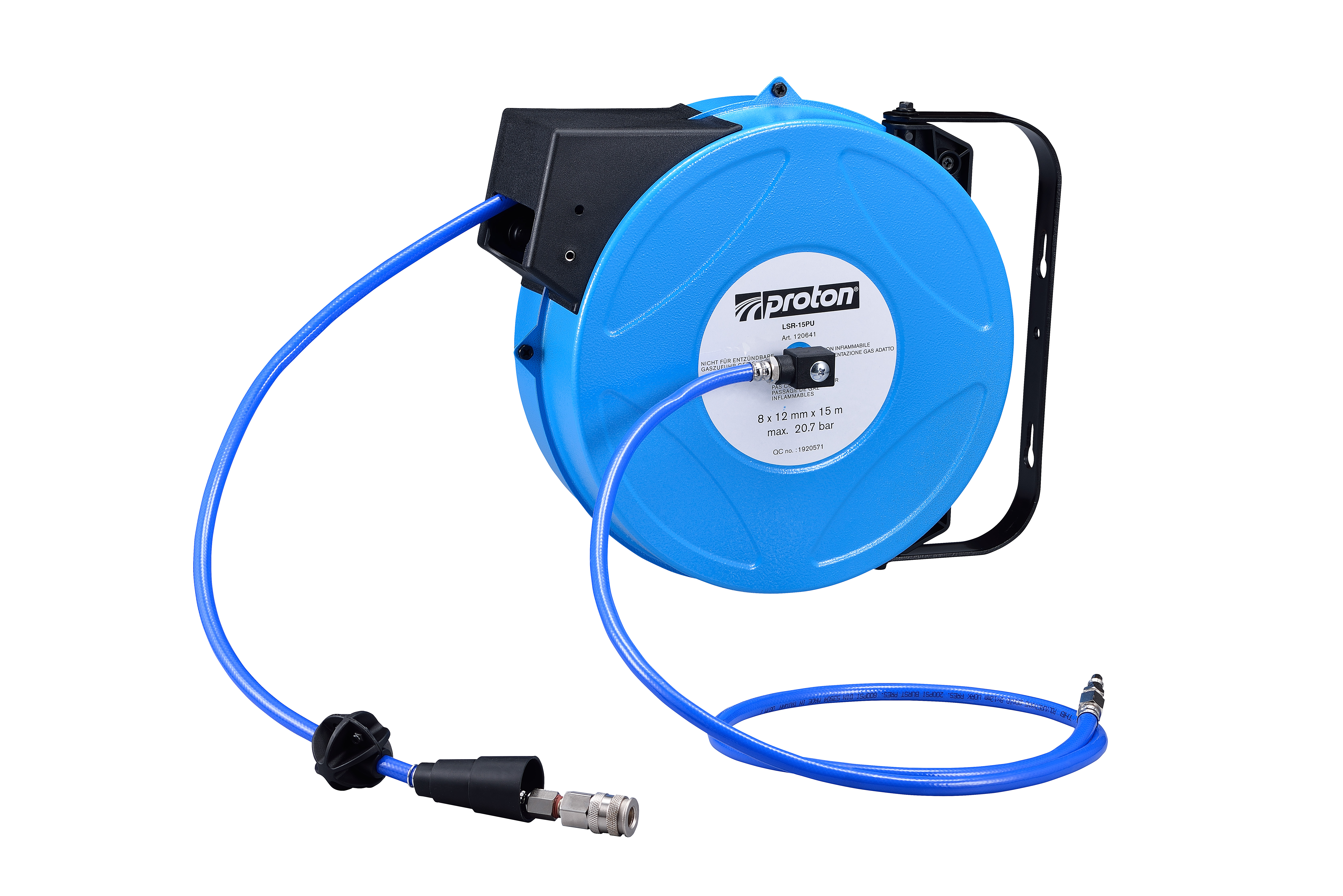 Druckluft-Schlauchaufroller Rockair LSR-15PU, mit montierter Schnellkupplung und Stecknippel