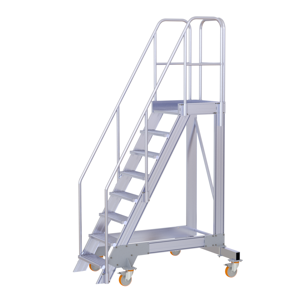 Podesttreppe mit gebremsten Rollen, Neigung: 60° Podesttreppe mit gebremsten Rollen, Neigung: 60°