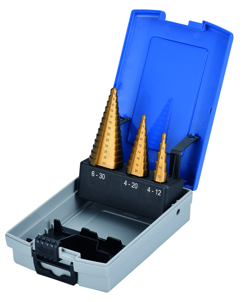 Bohrkassette Proton D-3 Mehrstufenbohrersatz HSS, TIN beschichtet 3-teilig Bohrkassette Proton D-3 Mehrstufenbohrersatz HSS, TIN beschichtet 3-teilig